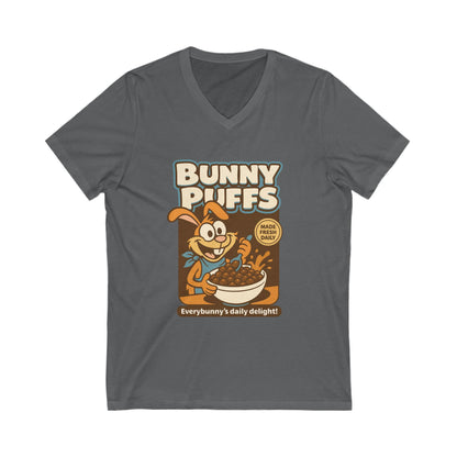 Bunny Puffs Cereal Parody | Retro Rabbit V-Neck Tee - Funny Unisex T-Shirt - Vintage Style Shirt - Gift Idea