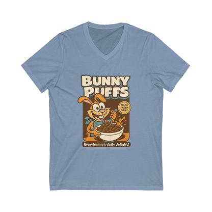 Bunny Puffs Cereal Parody | Retro Rabbit V-Neck Tee - Funny Unisex T-Shirt - Vintage Style Shirt - Gift Idea