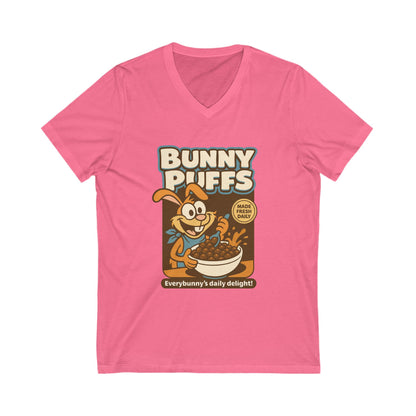 Bunny Puffs Cereal Parody | Retro Rabbit V-Neck Tee - Funny Unisex T-Shirt - Vintage Style Shirt - Gift Idea