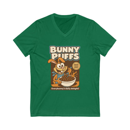 Bunny Puffs Cereal Parody | Retro Rabbit V-Neck Tee - Funny Unisex T-Shirt - Vintage Style Shirt - Gift Idea