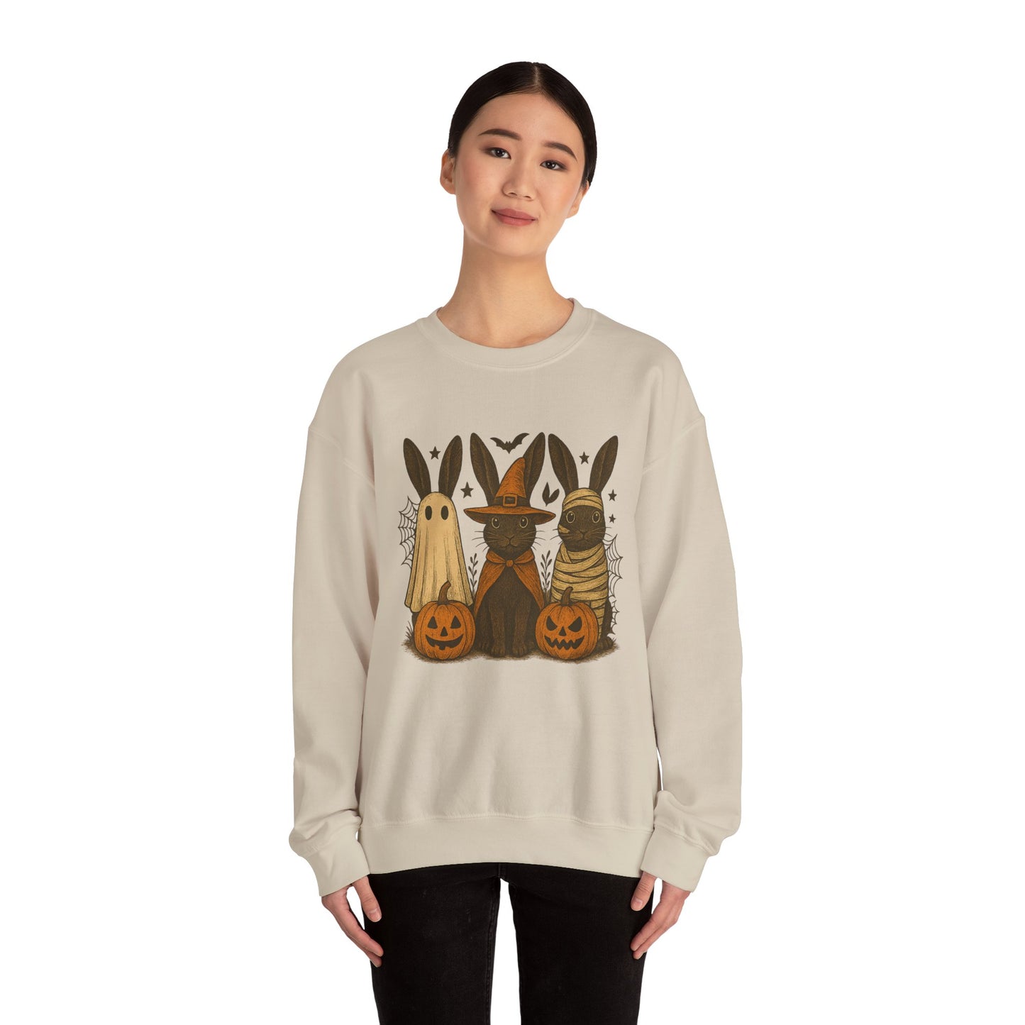 Ghosts, Witches & Mummies—Oh My! Halloween Bunny Sweatshirt - Cozy Fall Rabbit Apparel - Unisex Spooky Season Crewneck
