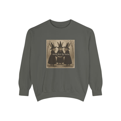 Girls Will Be Girls Rabbit Witch Circle – Garment-Dyed Bunny Sweatshirt | Halloween & Fall Collection