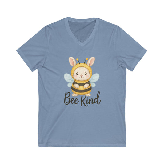 Bee Kind Bunny V-Neck T-Shirt – Sweet Rabbit in Bumblebee Costume - Unisex Jersey Short Sleeve V-Neck Tee