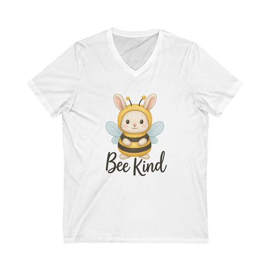 Bee Kind Bunny V-Neck T-Shirt – Sweet Rabbit in Bumblebee Costume - Unisex Jersey Short Sleeve V-Neck Tee