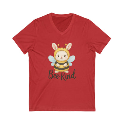 Bee Kind Bunny V-Neck T-Shirt – Sweet Rabbit in Bumblebee Costume - Unisex Jersey Short Sleeve V-Neck Tee
