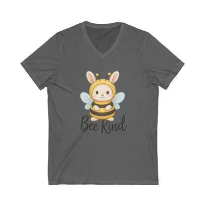 Bee Kind Bunny V-Neck T-Shirt – Sweet Rabbit in Bumblebee Costume - Unisex Jersey Short Sleeve V-Neck Tee