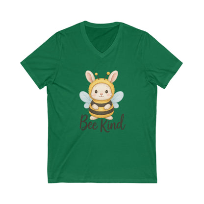 Bee Kind Bunny V-Neck T-Shirt – Sweet Rabbit in Bumblebee Costume - Unisex Jersey Short Sleeve V-Neck Tee