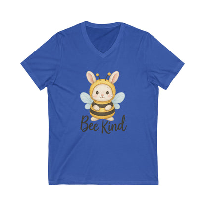 Bee Kind Bunny V-Neck T-Shirt – Sweet Rabbit in Bumblebee Costume - Unisex Jersey Short Sleeve V-Neck Tee