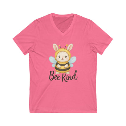 Bee Kind Bunny V-Neck T-Shirt – Sweet Rabbit in Bumblebee Costume - Unisex Jersey Short Sleeve V-Neck Tee