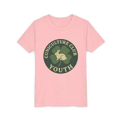 Cuniculture Club Youth Unisex T-Shirt – Distressed Clover & Bunny Emblem Tee - Fun Farm Kids Rabbit Club Shirt