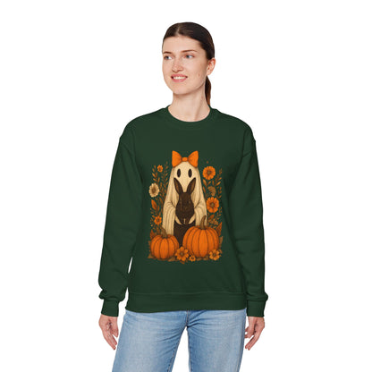 Vintage Black Rabbit with Pumpkins & Florals - Ghostly Garden Bunny Halloween Sweatshirt – Autumn Ghost Crewneck - Cozy Cute Gift