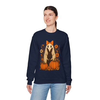Vintage Black Rabbit with Pumpkins & Florals - Ghostly Garden Bunny Halloween Sweatshirt – Autumn Ghost Crewneck - Cozy Cute Gift
