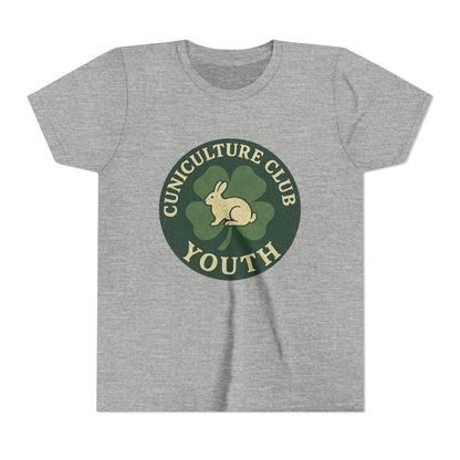 Cuniculture Club Youth Unisex T-Shirt – Distressed Clover & Bunny Emblem Tee - Fun Farm Kids Rabbit Club Shirt