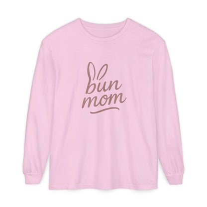 Bun Mom Long Sleeve T-Shirt | Rabbit Ears Vintage Dusty Rose Ink Script Tee - Bunny Lovers Gift Idea