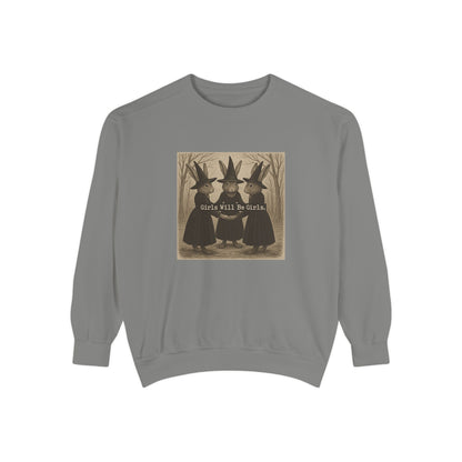 Girls Will Be Girls Rabbit Witch Circle – Garment-Dyed Bunny Sweatshirt | Halloween & Fall Collection