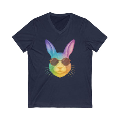 Rainbow Cool Bunny in Sunglasses V-Neck Tee – Unisex Jersey Short Sleeve Rabbit Shirt - Summer Wardrobe Essential - Trendy Graphic Tee