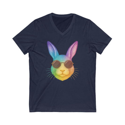 Rainbow Cool Bunny in Sunglasses V-Neck Tee – Unisex Jersey Short Sleeve Rabbit Shirt - Summer Wardrobe Essential - Trendy Graphic Tee