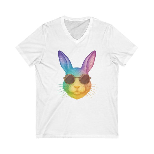 Rainbow Cool Bunny in Sunglasses V-Neck Tee – Unisex Jersey Short Sleeve Rabbit Shirt - Summer Wardrobe Essential - Trendy Graphic Tee