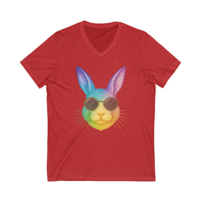 Rainbow Cool Bunny in Sunglasses V-Neck Tee – Unisex Jersey Short Sleeve Rabbit Shirt - Summer Wardrobe Essential - Trendy Graphic Tee