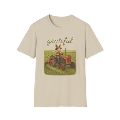 Grateful Acres Tractor Bunny Tee - Unisex Softstyle T-Shirt - Country Apparel - Farm Life Tee - Gift for Farmers & Rabbit Owners
