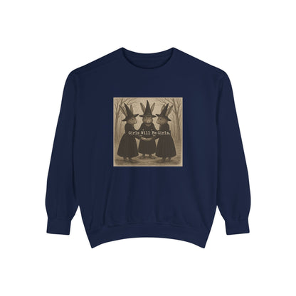 Girls Will Be Girls Rabbit Witch Circle – Garment-Dyed Bunny Sweatshirt | Halloween & Fall Collection