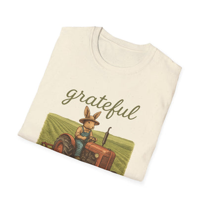 Grateful Acres Tractor Bunny Tee - Unisex Softstyle T-Shirt - Country Apparel - Farm Life Tee - Gift for Farmers & Rabbit Owners
