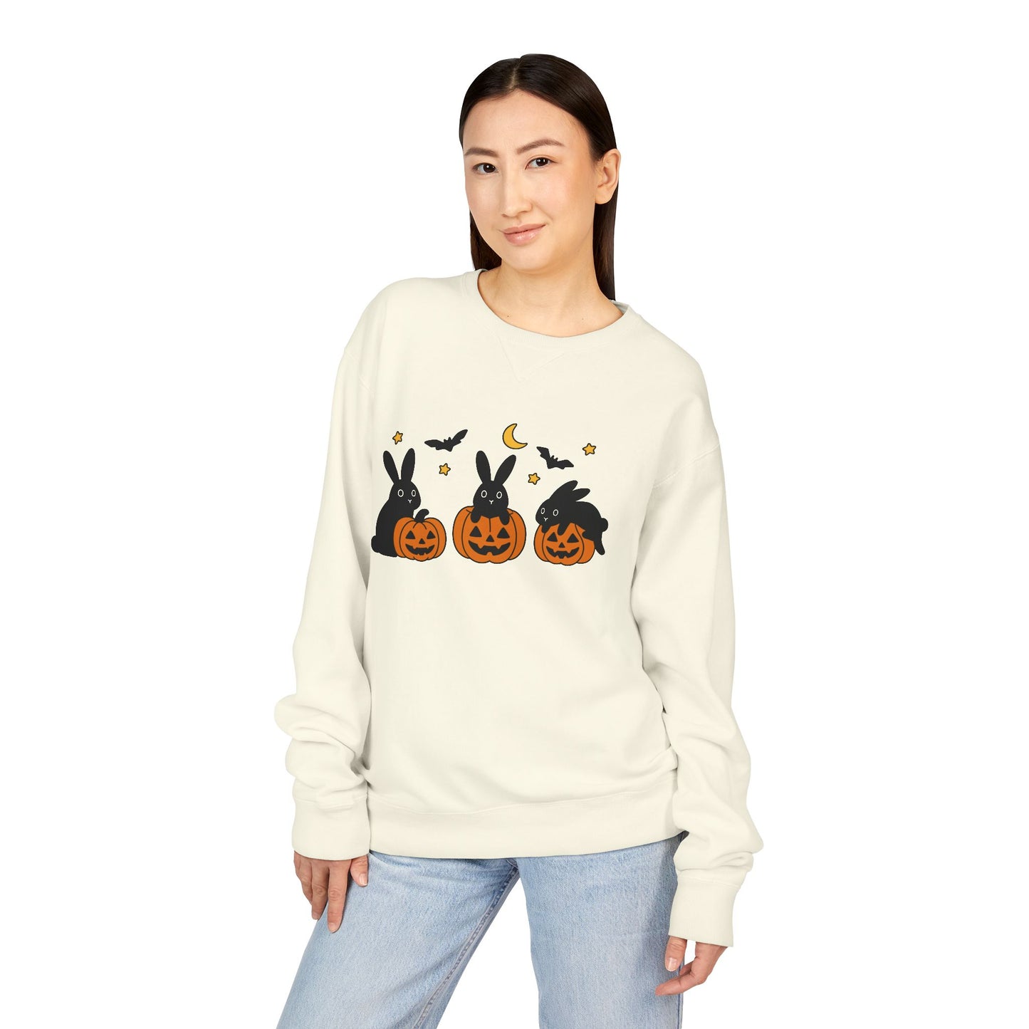 Pumpkin Patch Bunnies Halloween Sweatshirt – Rabbit & Jack-o’-Lantern Crewneck | Cozy Fall Fashion Unisex Apparel - Spooky Season Gift