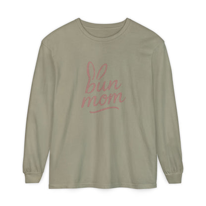 Bun Mom Long Sleeve T-Shirt | Rabbit Ears Vintage Dusty Rose Ink Script Tee - Bunny Lovers Gift Idea