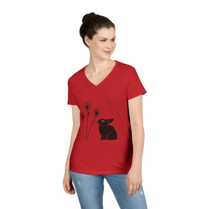 Wishful Whiskers Bunny & Dandelion V-Neck Tee – Cuniculture Club Original Whimsical Rabbit Shirt - Floral Dandelion Fashion - Nature Lover Gift