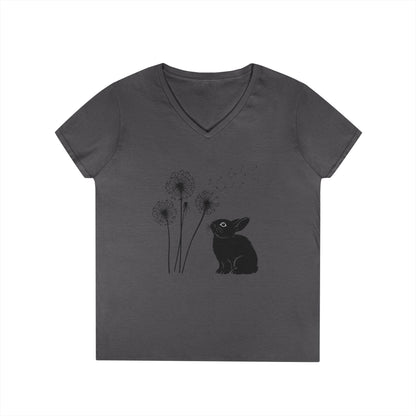 Wishful Whiskers Bunny & Dandelion V-Neck Tee – Cuniculture Club Original Whimsical Rabbit Shirt - Floral Dandelion Fashion - Nature Lover Gift