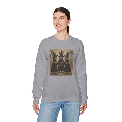 Girls Will Be Girls – Witchy Rabbit Crewneck Sweatshirt | Cozy Whimsical Rabbit Sweatshirt for Girls & Women - Halloween & Fall Collection