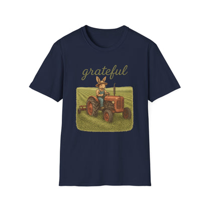 Grateful Acres Tractor Bunny Tee - Unisex Softstyle T-Shirt - Country Apparel - Farm Life Tee - Gift for Farmers & Rabbit Owners