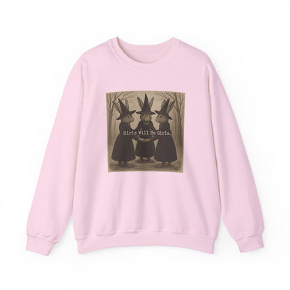 Girls Will Be Girls – Witchy Rabbit Crewneck Sweatshirt | Cozy Whimsical Rabbit Sweatshirt for Girls & Women - Halloween & Fall Collection