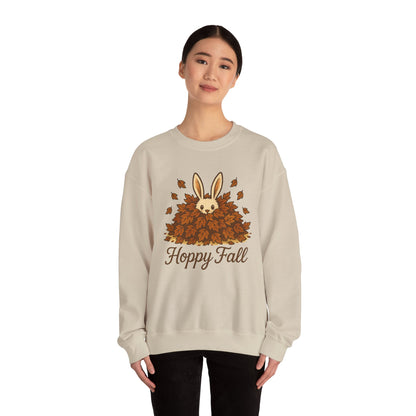 Hoppy Fall – Unisex Cozy Sweatshirt | Rabbit & Autumn Leaves Comfy Crewneck | Fall Fashion - Seasonal Halloween Gift