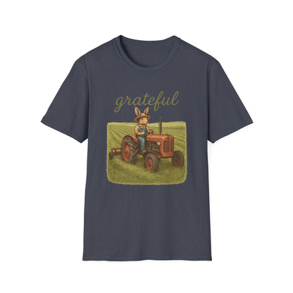 Grateful Acres Tractor Bunny Tee - Unisex Softstyle T-Shirt - Country Apparel - Farm Life Tee - Gift for Farmers & Rabbit Owners