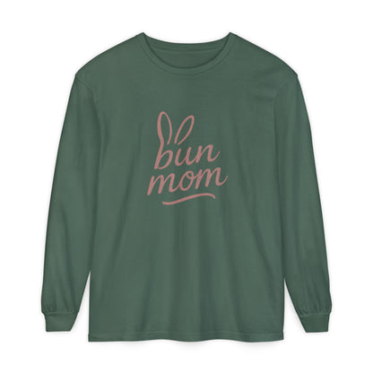 Bun Mom Long Sleeve T-Shirt | Rabbit Ears Vintage Dusty Rose Ink Script Tee - Bunny Lovers Gift Idea