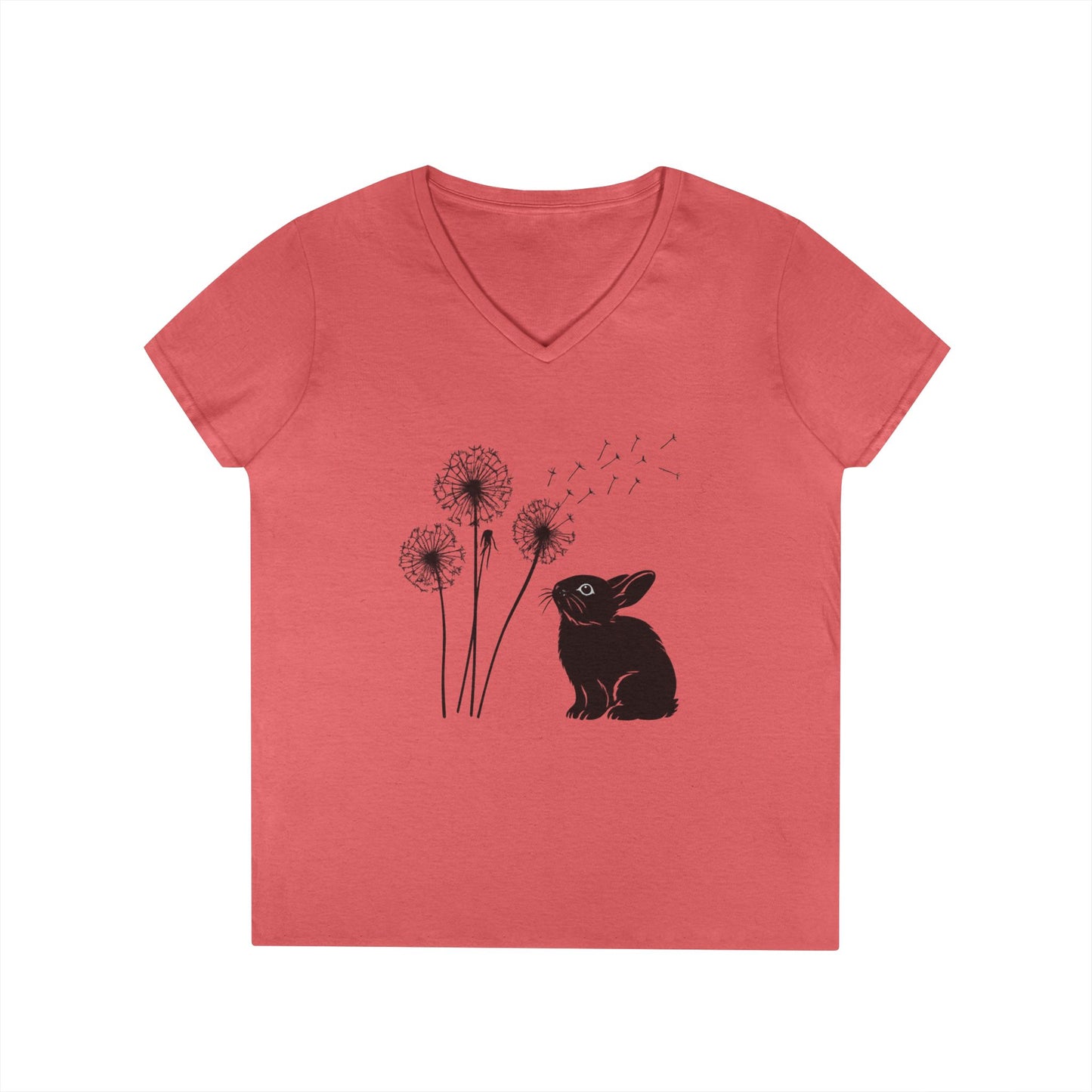 Wishful Whiskers Bunny & Dandelion V-Neck Tee – Cuniculture Club Original Whimsical Rabbit Shirt - Floral Dandelion Fashion - Nature Lover Gift