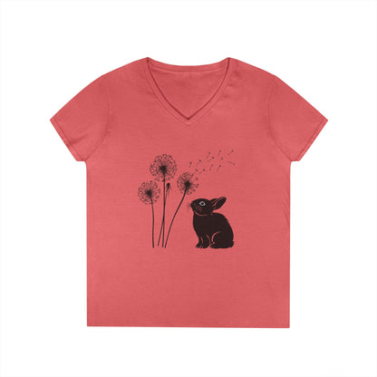 Wishful Whiskers Bunny & Dandelion V-Neck Tee – Cuniculture Club Original Whimsical Rabbit Shirt - Floral Dandelion Fashion - Nature Lover Gift