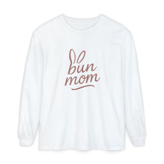 Bun Mom Long Sleeve T-Shirt | Rabbit Ears Vintage Dusty Rose Ink Script Tee - Bunny Lovers Gift Idea