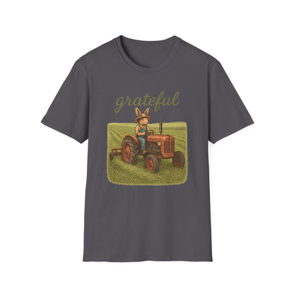 Grateful Acres Tractor Bunny Tee - Unisex Softstyle T-Shirt - Country Apparel - Farm Life Tee - Gift for Farmers & Rabbit Owners