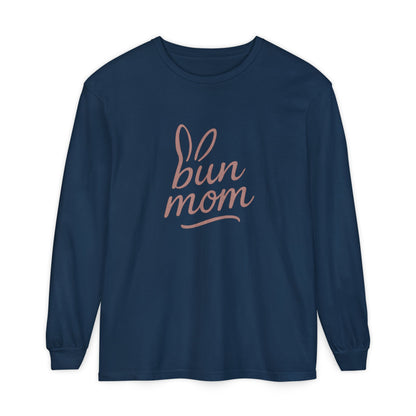 Bun Mom Long Sleeve T-Shirt | Rabbit Ears Vintage Dusty Rose Ink Script Tee - Bunny Lovers Gift Idea
