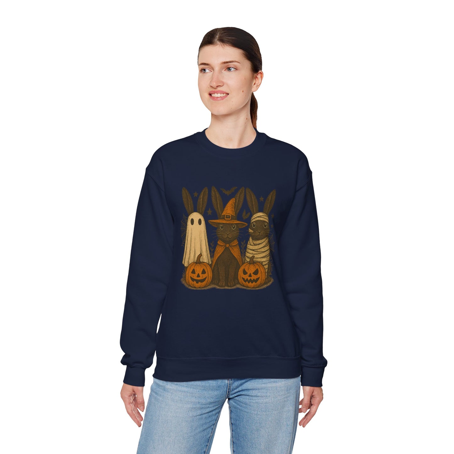 Ghosts, Witches & Mummies—Oh My! Halloween Bunny Sweatshirt - Cozy Fall Rabbit Apparel - Unisex Spooky Season Crewneck