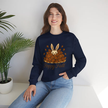 Hoppy Fall – Unisex Cozy Sweatshirt | Rabbit & Autumn Leaves Comfy Crewneck | Fall Fashion - Seasonal Halloween Gift