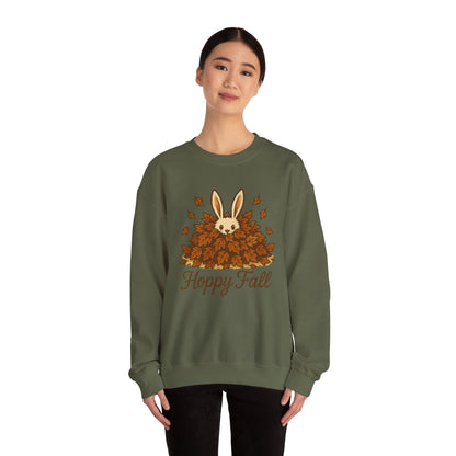 Hoppy Fall – Unisex Cozy Sweatshirt | Rabbit & Autumn Leaves Comfy Crewneck | Fall Fashion - Seasonal Halloween Gift