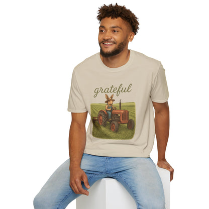 Grateful Acres Tractor Bunny Tee - Unisex Softstyle T-Shirt - Country Apparel - Farm Life Tee - Gift for Farmers & Rabbit Owners