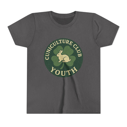 Cuniculture Club Youth Unisex T-Shirt – Distressed Clover & Bunny Emblem Tee - Fun Farm Kids Rabbit Club Shirt