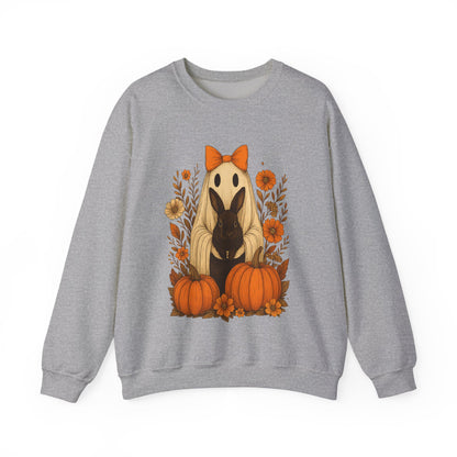 Vintage Black Rabbit with Pumpkins & Florals - Ghostly Garden Bunny Halloween Sweatshirt – Autumn Ghost Crewneck - Cozy Cute Gift