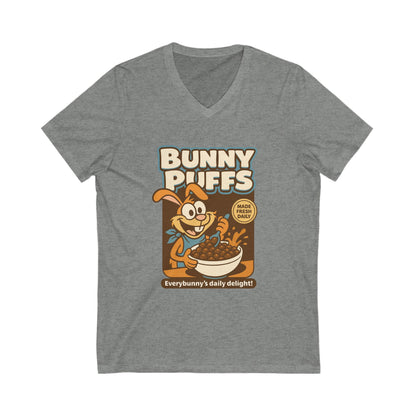 Bunny Puffs Cereal Parody | Retro Rabbit V-Neck Tee - Funny Unisex T-Shirt - Vintage Style Shirt - Gift Idea