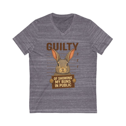 Guilty of Showing My Buns in Public V-Neck Tee - Funny Rabbit Shirt - Unisex Graphic Top - Casual Bunny Wear