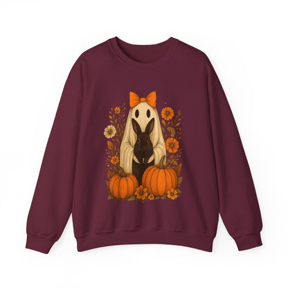 Vintage Black Rabbit with Pumpkins & Florals - Ghostly Garden Bunny Halloween Sweatshirt – Autumn Ghost Crewneck - Cozy Cute Gift